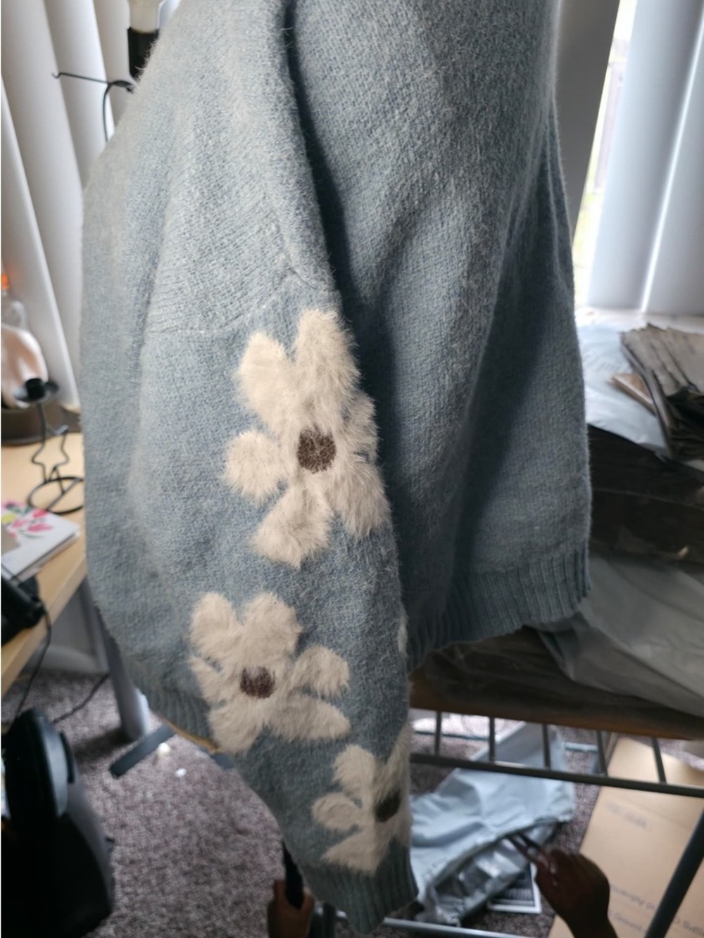 Light Blue Floral Sleeve Crewneck Sweater - Picture 6 of 8